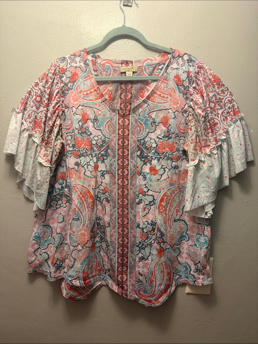 ONE WORLD Coral & Teal Paisley Ruffle Sleeve Blouse